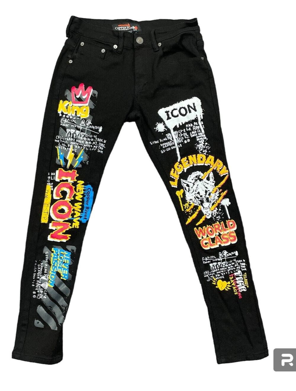 Copper Rivet Graffiti Black Jeans Size 30 x 30 Art To Wear Grunge Street Wear